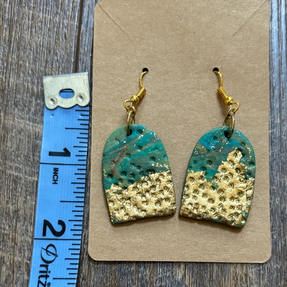 Green and Gold Dangle Polymer Clay Earrings - Picture 6 of 6
